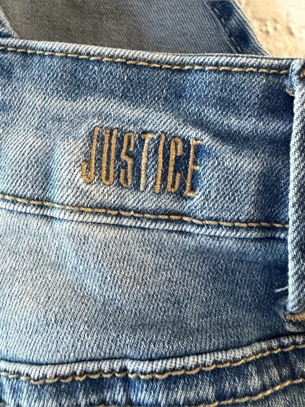 Justice girl size 8 Blue Denim Overalls Jeans with Lace Pocket Detail mid rise